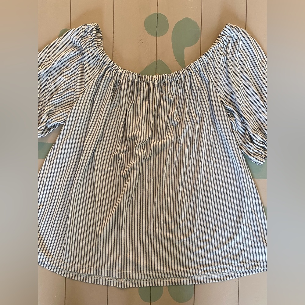 Loft Medium White and Black Vertical Stripe Off the Shoulder Blouse